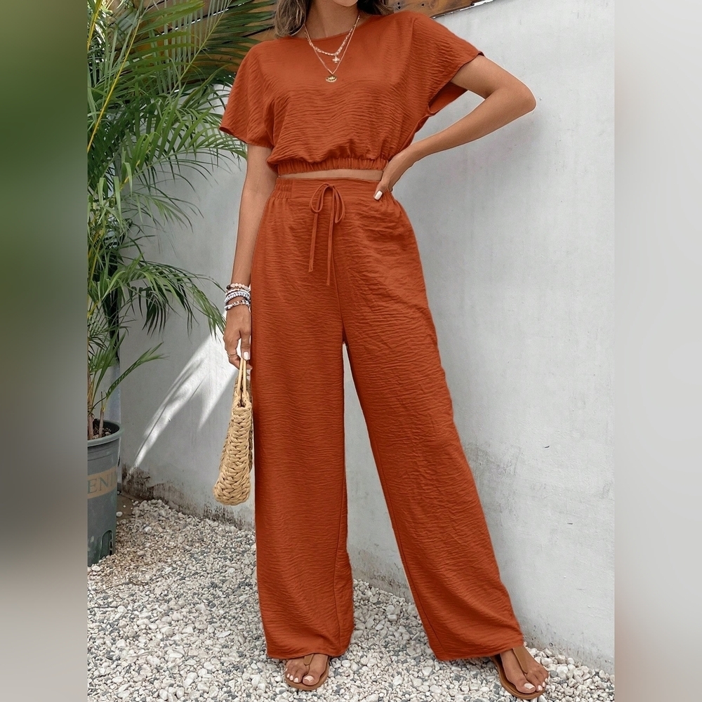 COPY - Women's Pants Set Loose Texture Solid Color Casual Two Piece Suit - Picture 4 of 6